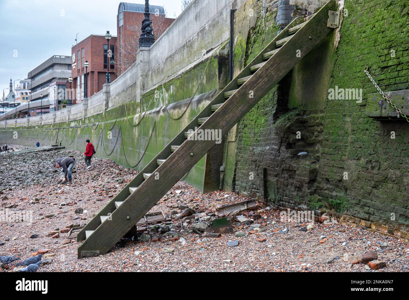 River Thames foreshore at low tide in North Bank of London, England Stock Photo