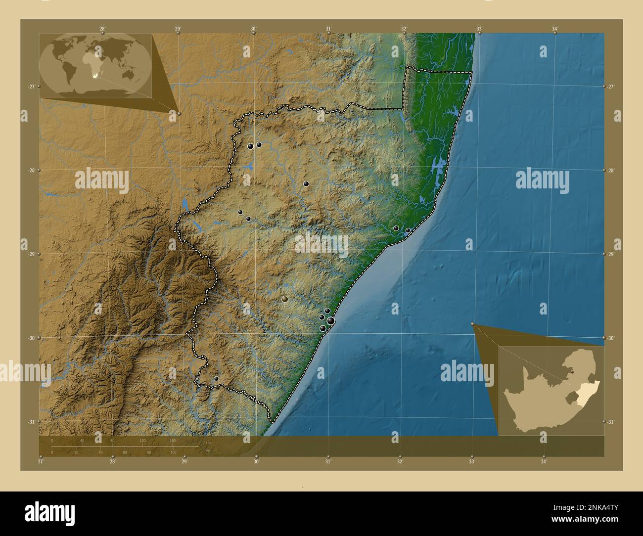 KwaZuluNatal, province of South Africa. Colored elevation map with