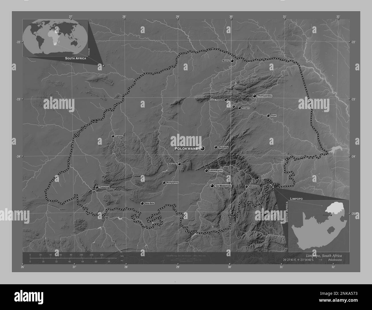 Limpopo, province of South Africa. Grayscale elevation map with lakes and rivers. Locations and