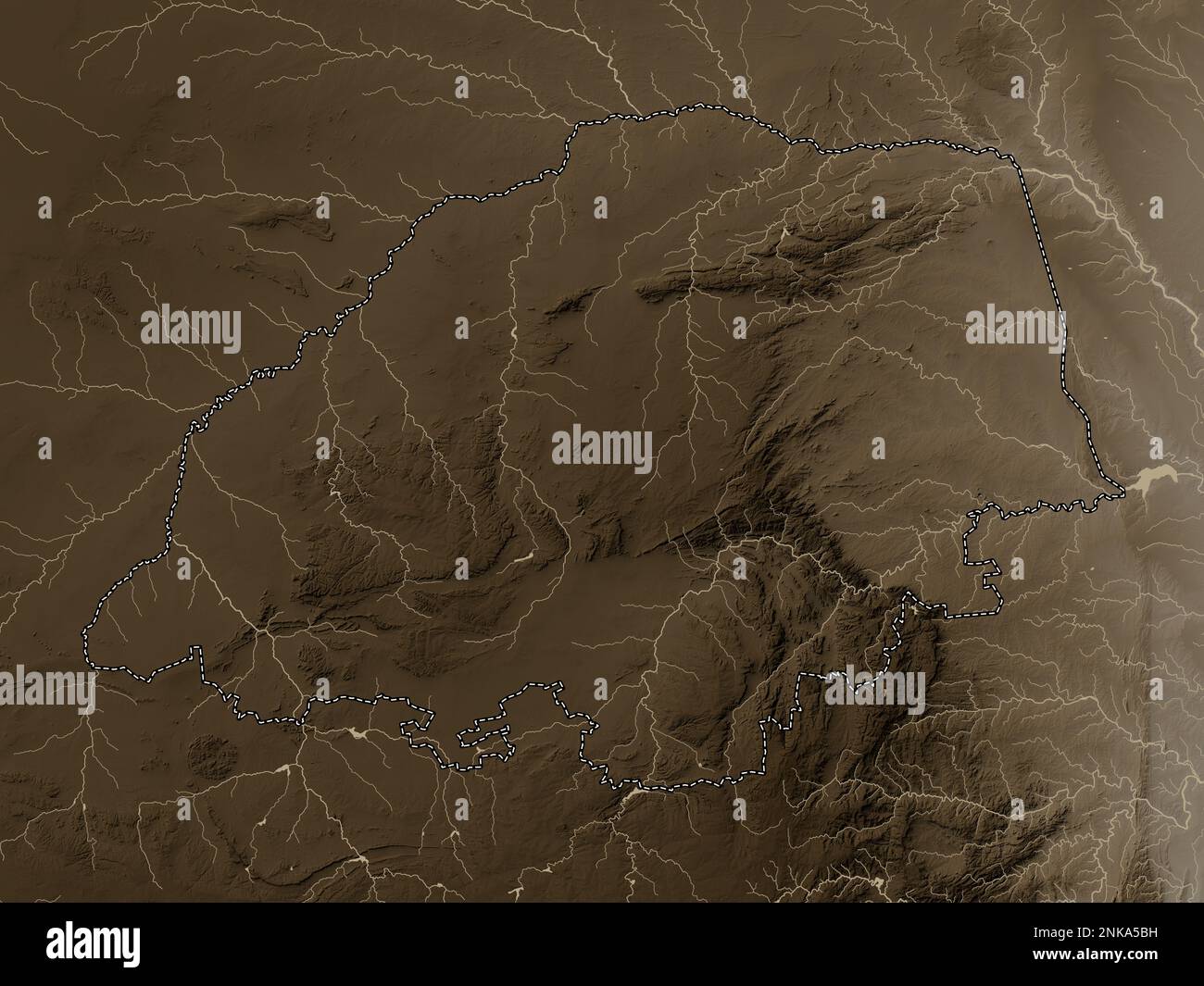 Limpopo, province of South Africa. Elevation map colored in sepia tones with lakes and rivers Stock Photo