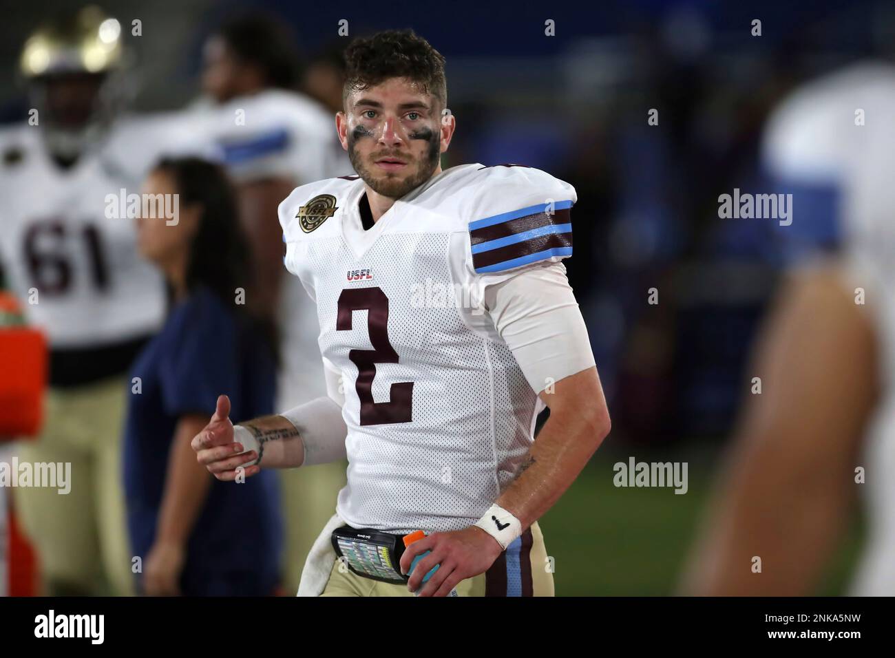 BIRMINGHAM, AL - APRIL 22: Michigan Panthers quarterback Shea Patterson (2)  during the USFL game between the New Jersey Generals and the Michigan  Panthers on April 22, 2022 at Protective Stadium in