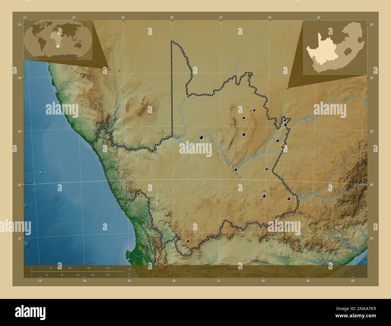 Northern Cape, province of South Africa. Colored elevation map with