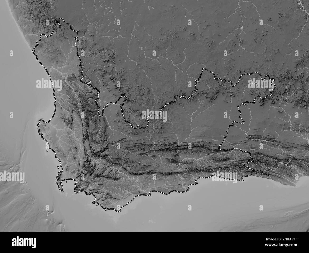 Western Cape, province of South Africa. Grayscale elevation map with