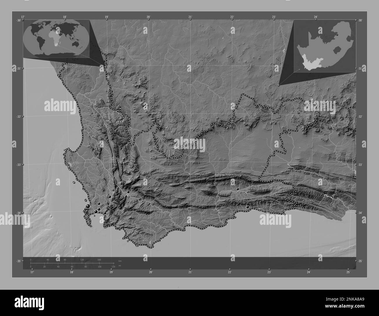 Western Cape, province of South Africa. Bilevel elevation map with