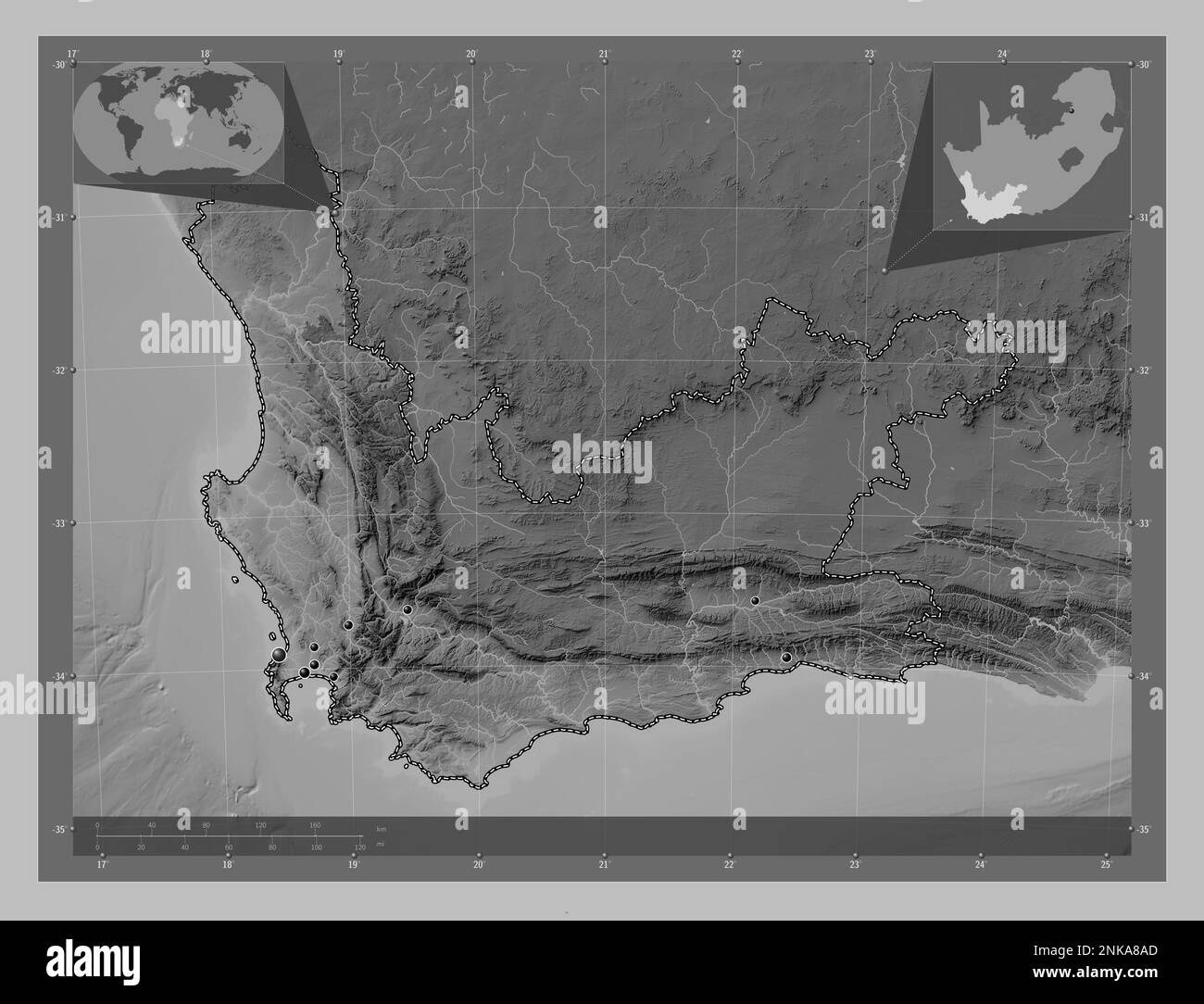 Western Cape, province of South Africa. Grayscale elevation map with ...