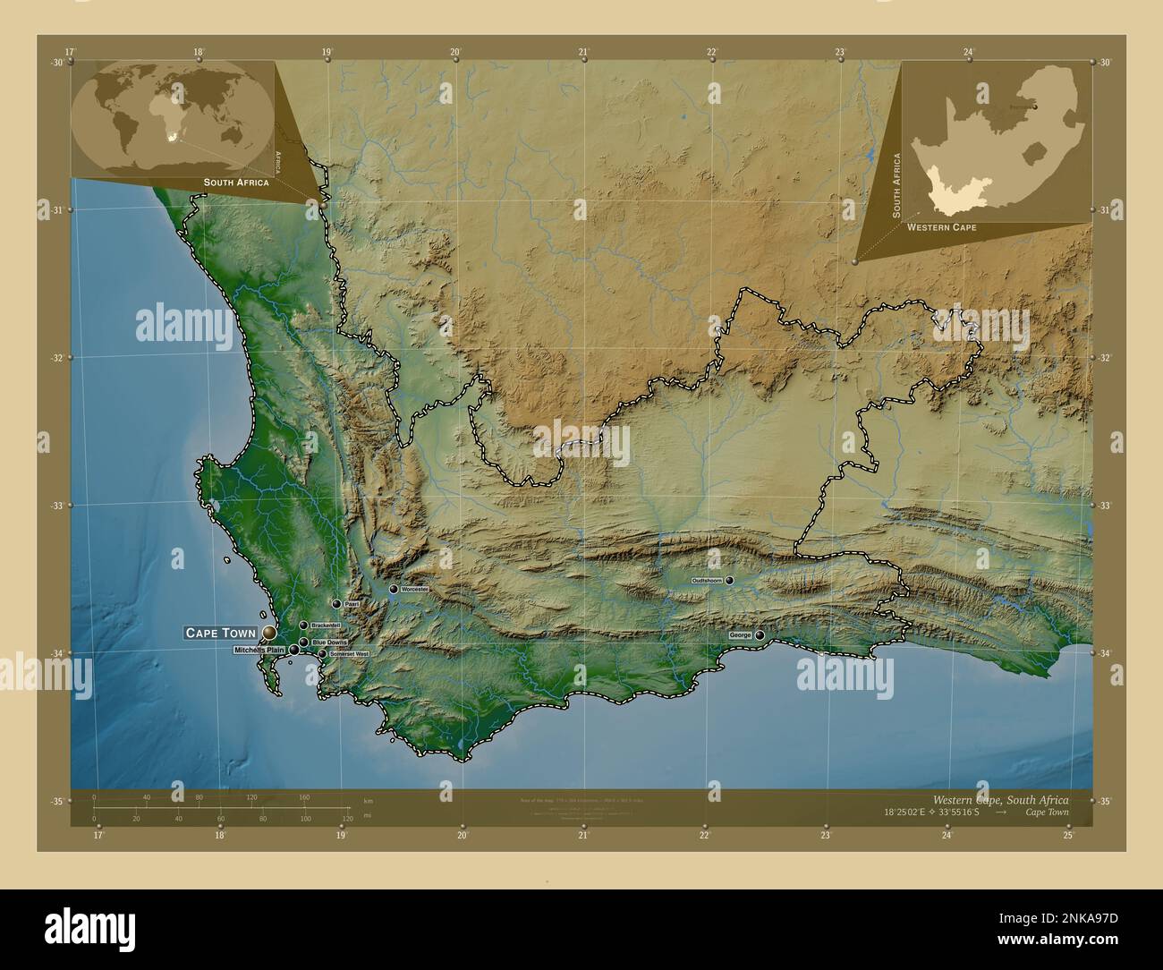 Western Cape, province of South Africa. Colored elevation map with