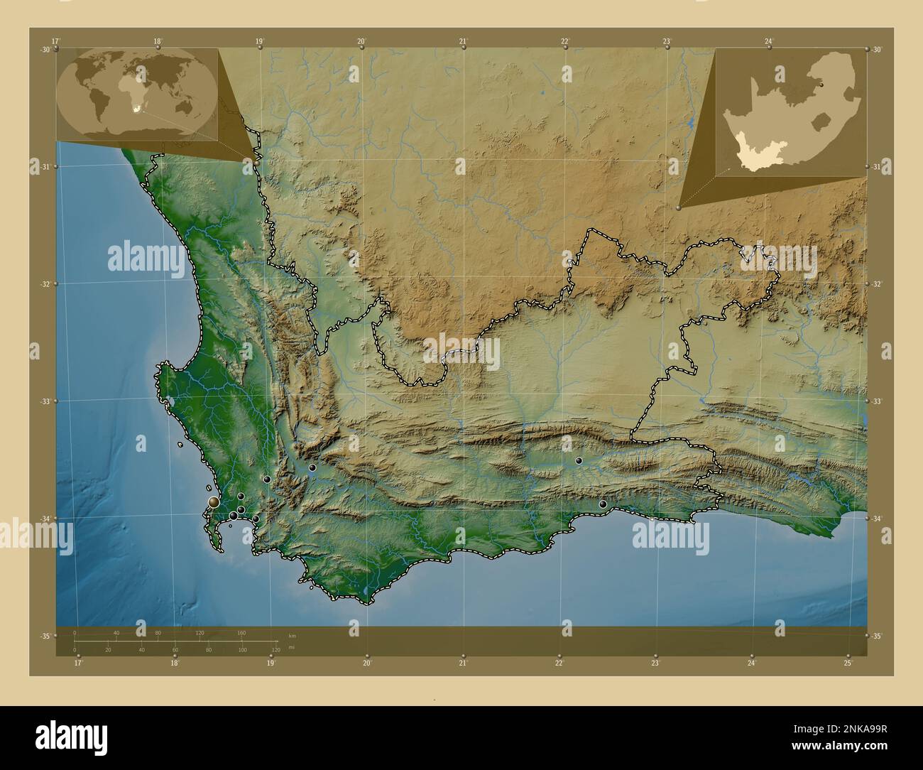 Western Cape, province of South Africa. Colored elevation map with