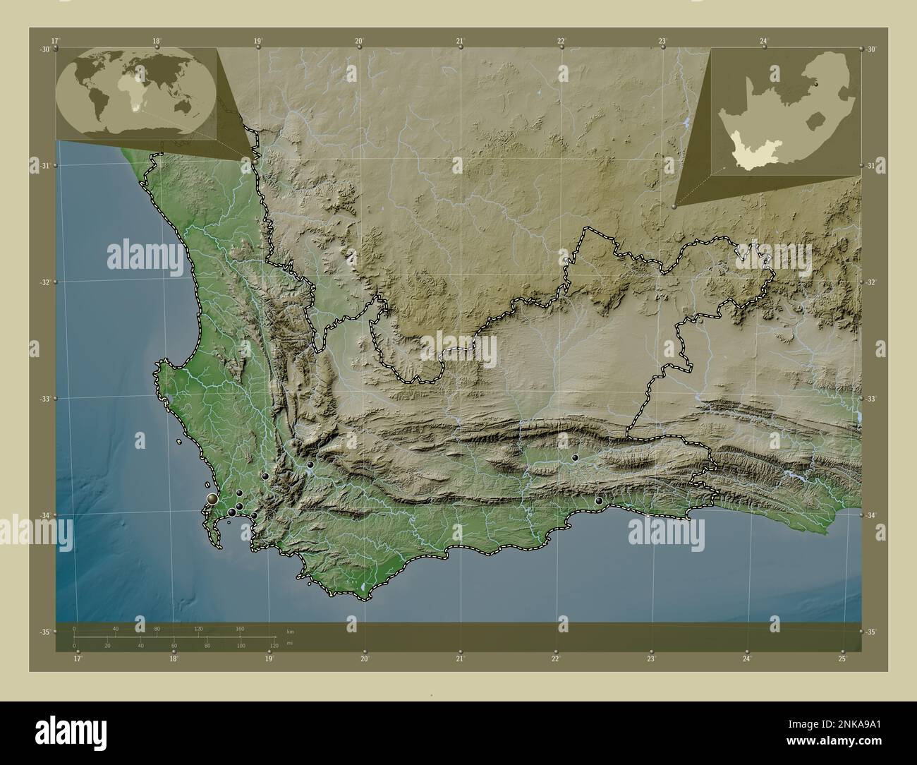 Western Cape, province of South Africa. Elevation map colored in wiki