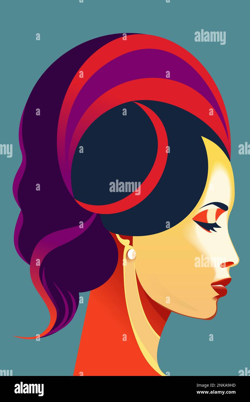 Female portrait in profile, 1960s, 1970s, 1980s poster style, retro, futuristic, strong healthy hair, beauty salon advertising Stock Vector