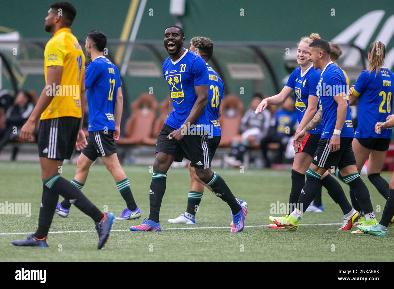 Portland Timbers defender Larrys Mabiala reacts after a goal by Team