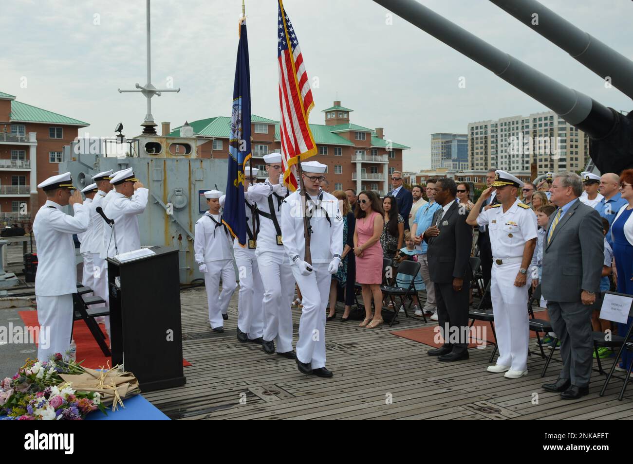 A color guard from Naval Station Norfolk presents the colors during a