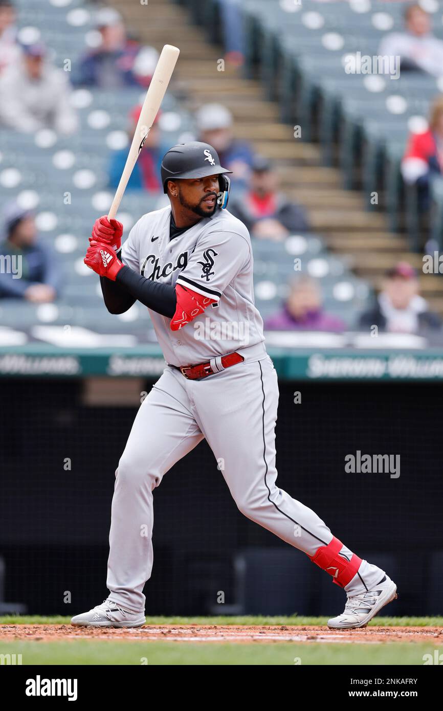 CLEVELAND, OH - APRIL 21: Chicago White Sox designated hitter Eloy Jimenez  (74) bats during an MLB game against the Cleveland Guardians on April 21,  2022 at Progressive Field in Cleveland, Ohio. (