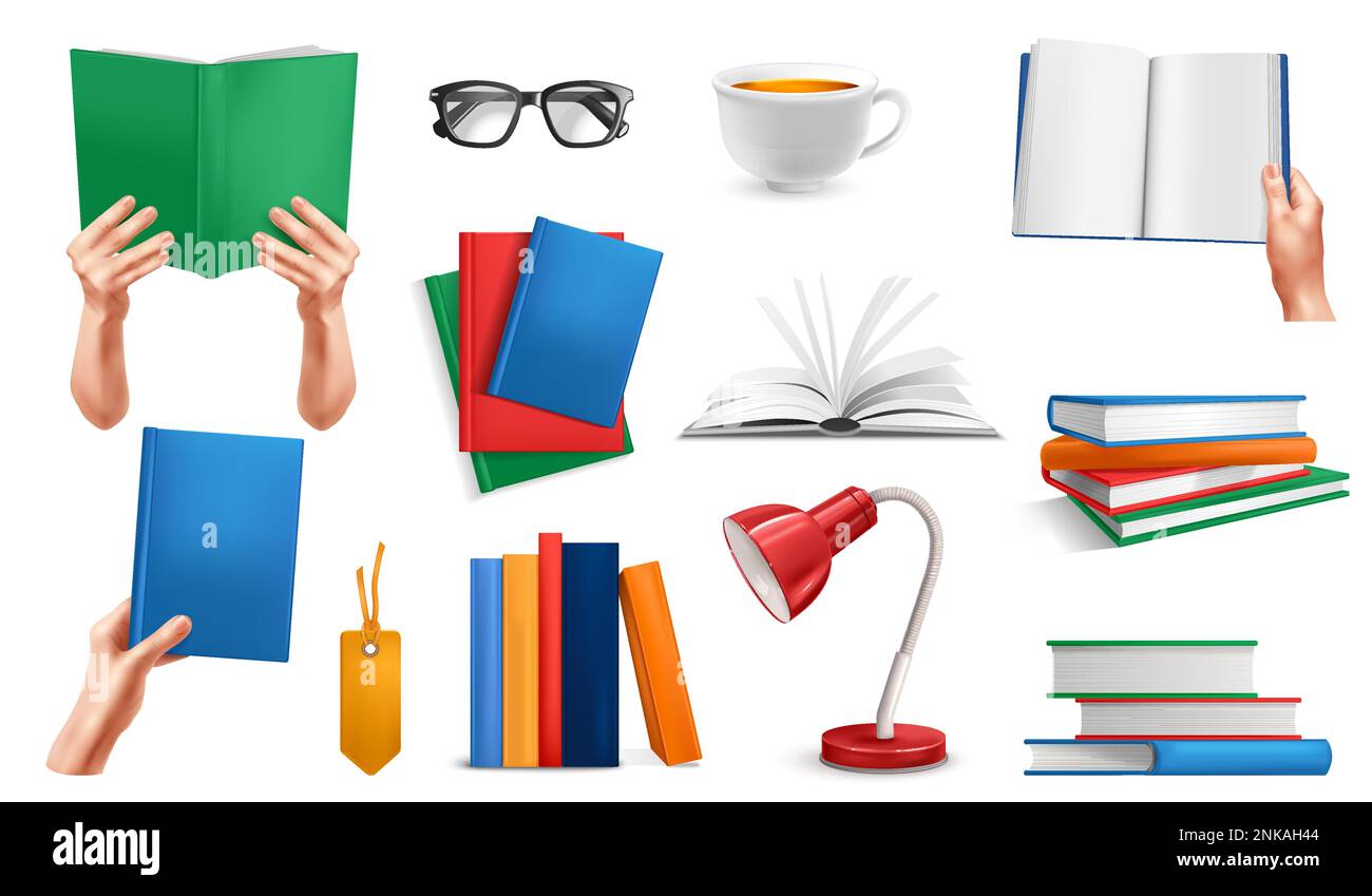 Realistic book lover icons set with library and bookstore symbols
