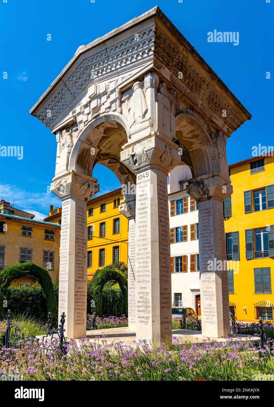 Grasse, France - August 6, 2022: War town heroes colonnade memorial at Place du Petit Puy square and rue Gazan street in old town quarter of perfumery Stock Photo