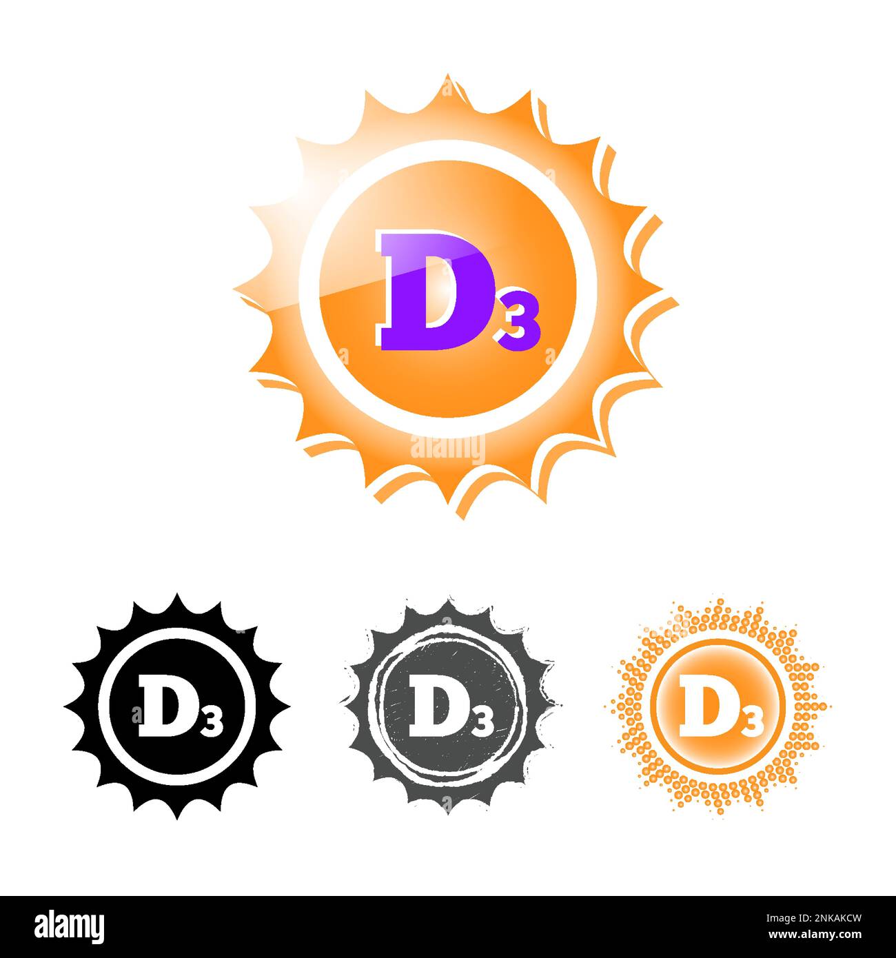 Icon of vitamin D3 in the form of a sun, different styles, medical vector illustration Stock