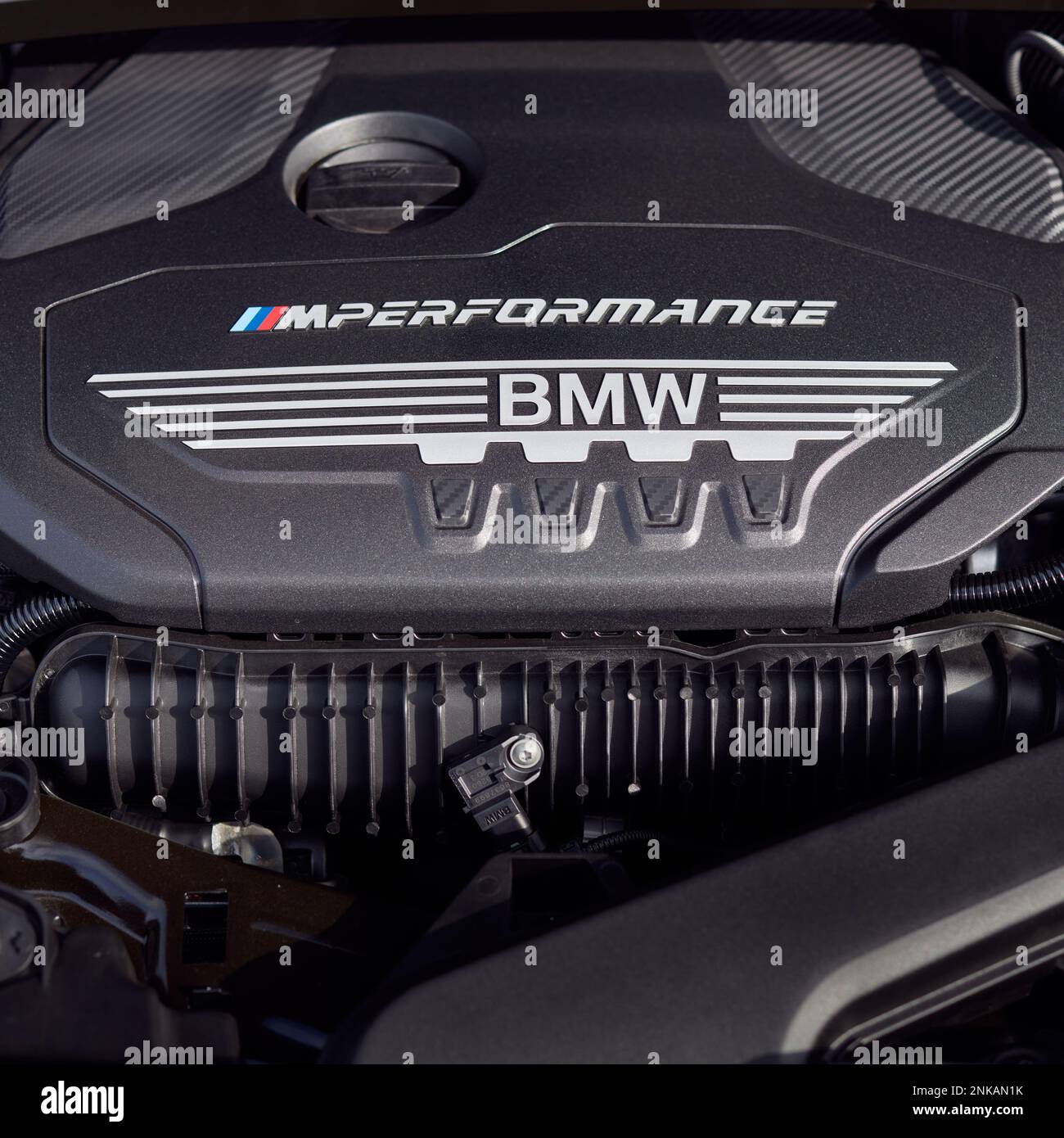 Engine of the BMW M135i, M Performance, 306hp, 0-100 km/h - 4,8s. Katowice, Poland, 09.17.2020 Stock Photo