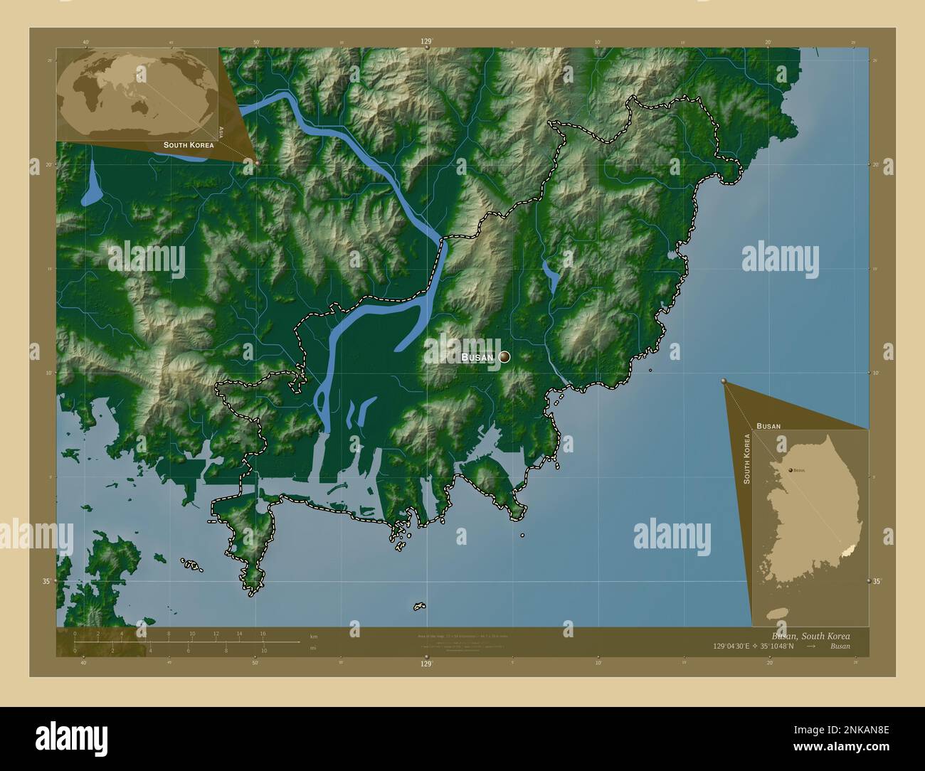 Busan, metropolitan city of South Korea. Colored elevation map with lakes and rivers. Locations