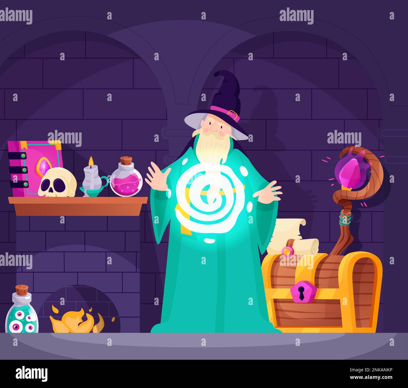 Magic poster with wizard casting a magician spell cartoon vector illustration Stock Vector
