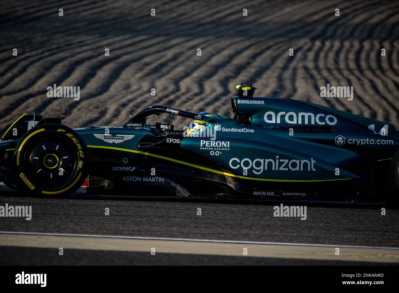 BAHRAIN INTERNATIONAL CIRCUIT, BAHRAIN - FEBRUARY 23: Fernando Alonso, Aston Martin F1 AMR23 during the Bahrain Testing at Bahrain International Circuit on February 23, 2023 in Sakhir, Bahrain. (Photo by Michael Potts/BSR Agency) Stock Photo