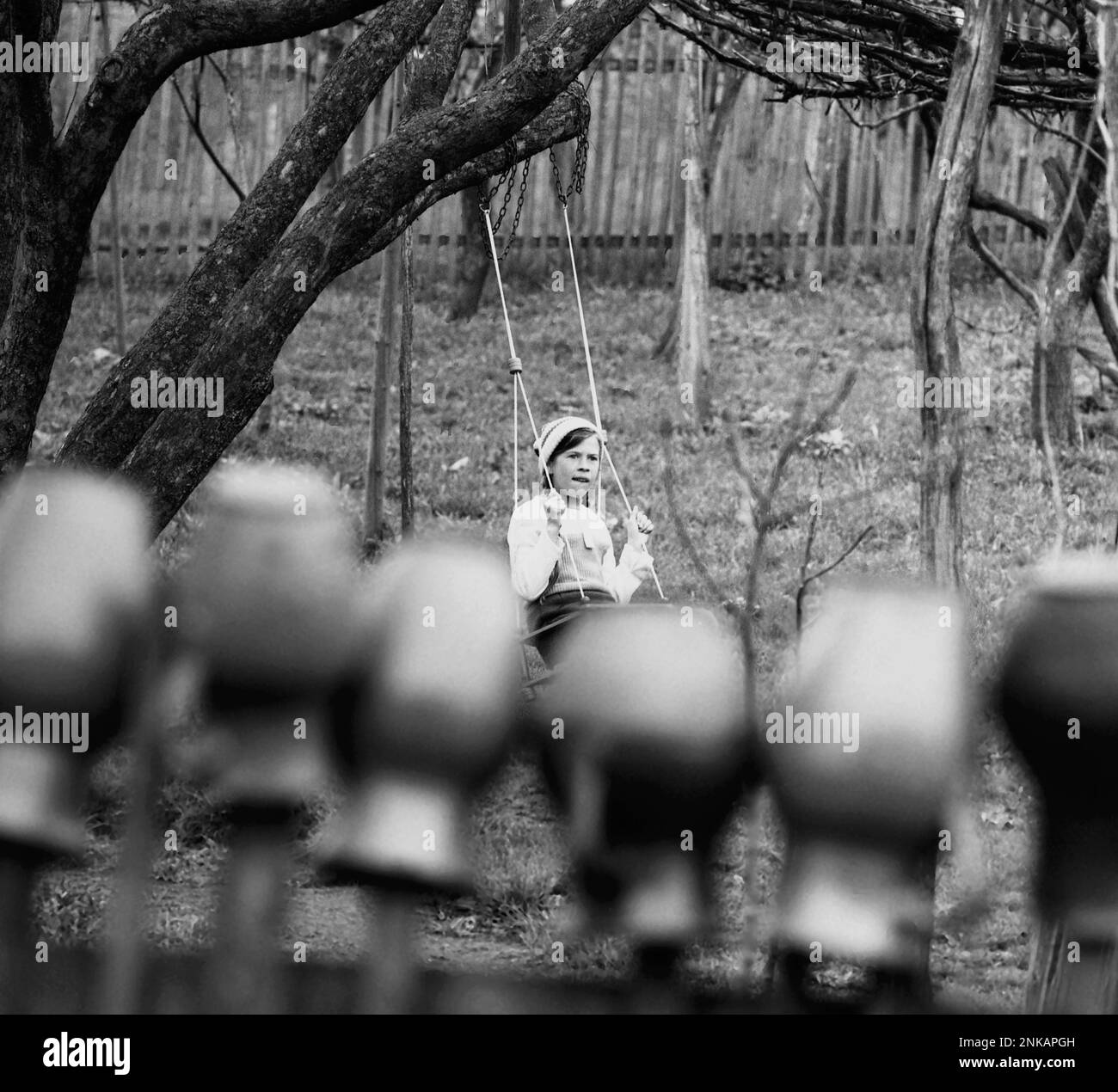 Suceava County, Socialist Republic of Romania, approx. 1980. Girl in a tree swing in her backyard. Stock Photo