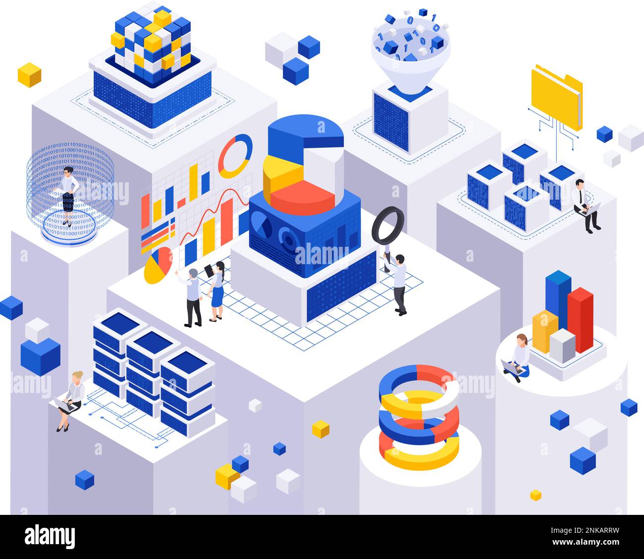 Data economy isometric composition with circular graphs bar charts flying cubes server storage and human characters vector illustration Stock Vector