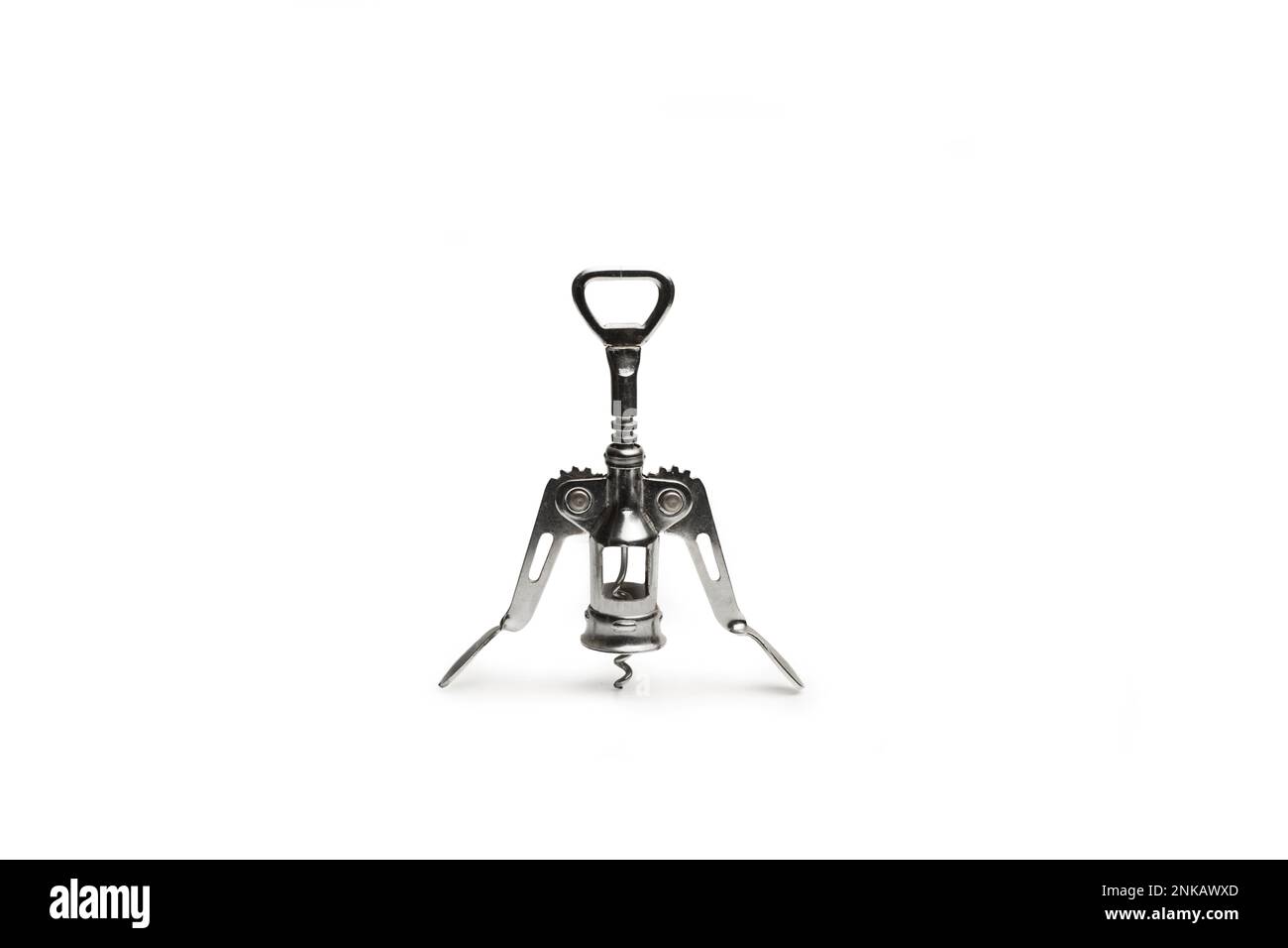 Stainless steel corkscrew with two levers on a white background with