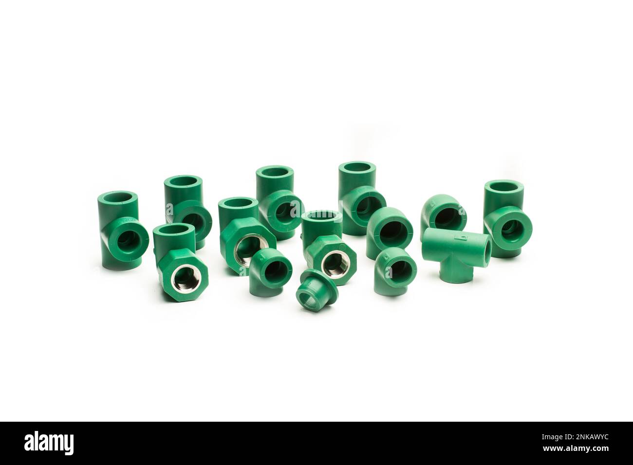 Green plastic connectors for water pipes on a white background with copy space Stock Photo Alamy