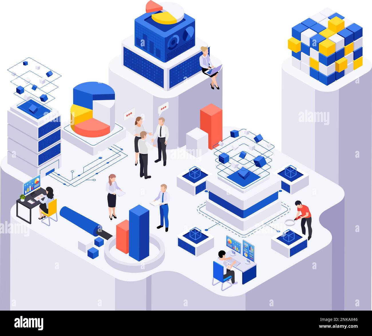 Data economy isometric composition with bar chart elements cubes of different size computer icons and people vector illustration Stock Vector