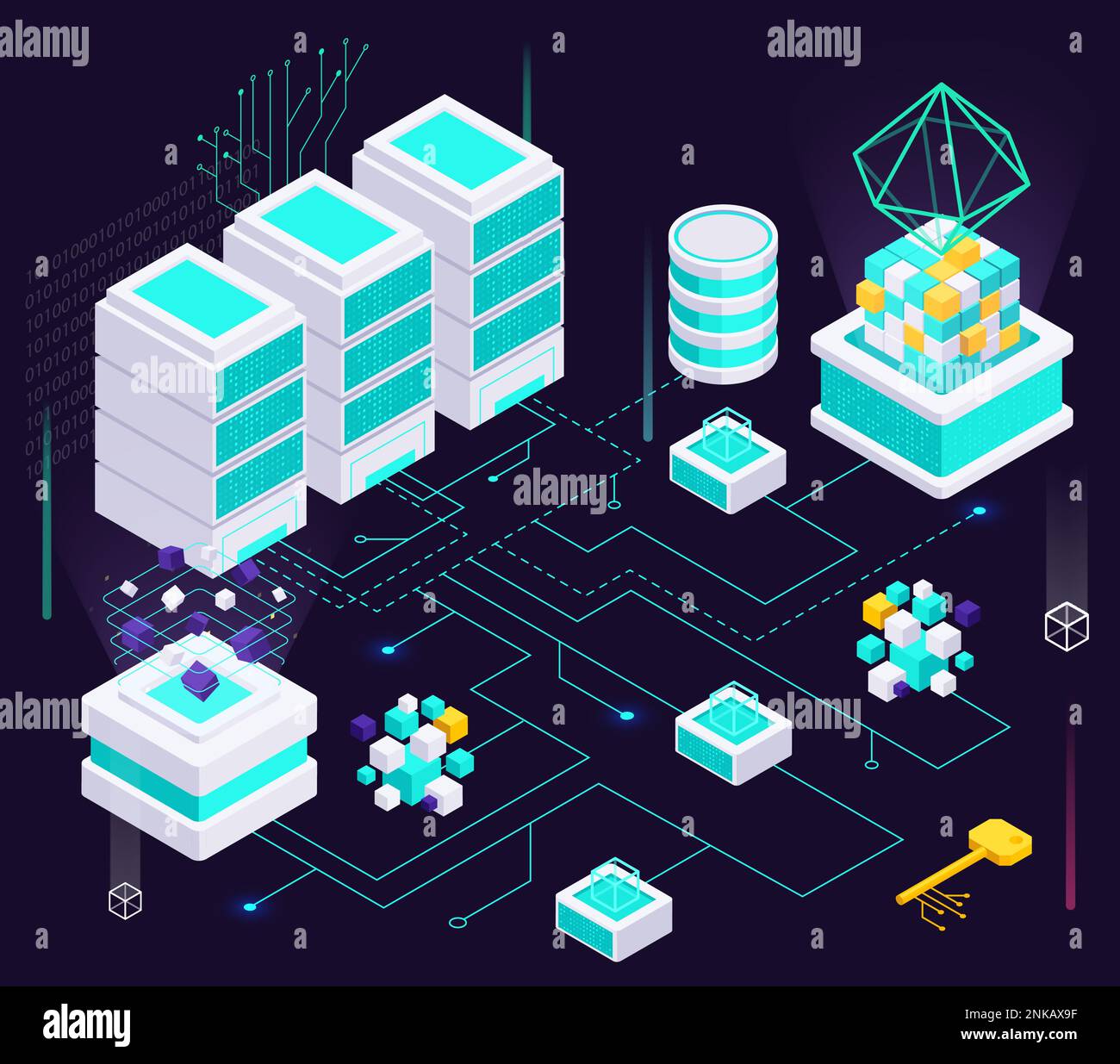 Data economy isometric composition with flowchart of digital keys neon glowing holograms cubes and server racks vector illustration Stock Vector