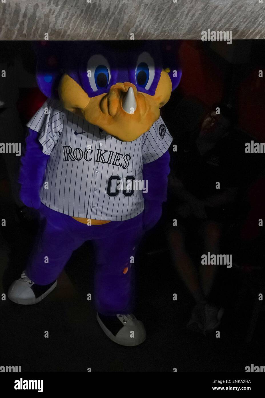 HOUSTON, TX - APRIL 24: Colorado Rockies mascot Dinger waits in the tunnel  to be introduced as part of the Houston Astros mascot Orbit's birthday  celebration during the baseball game between the
