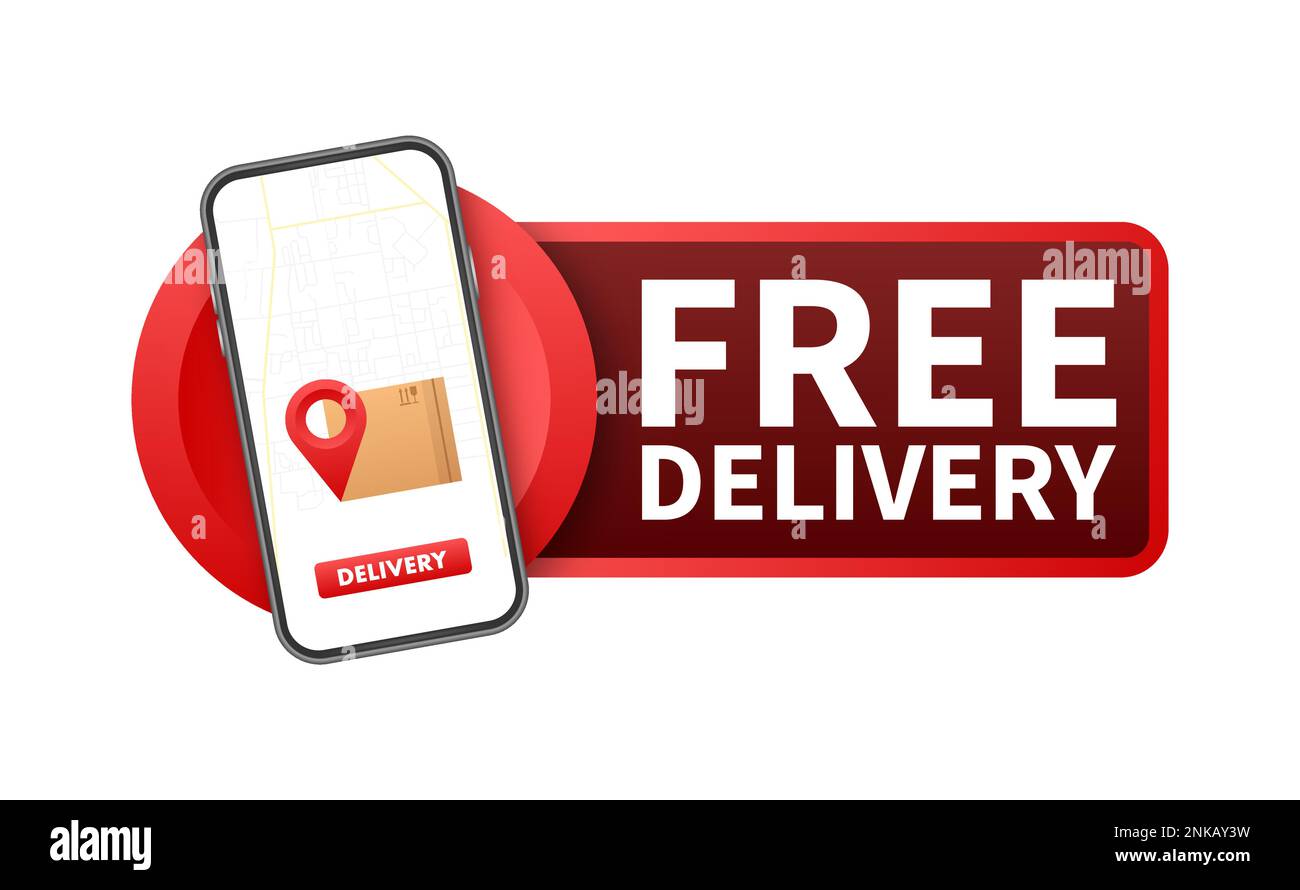 Free delivery. Phone screen delivery tracking. Badge with truck. Vector