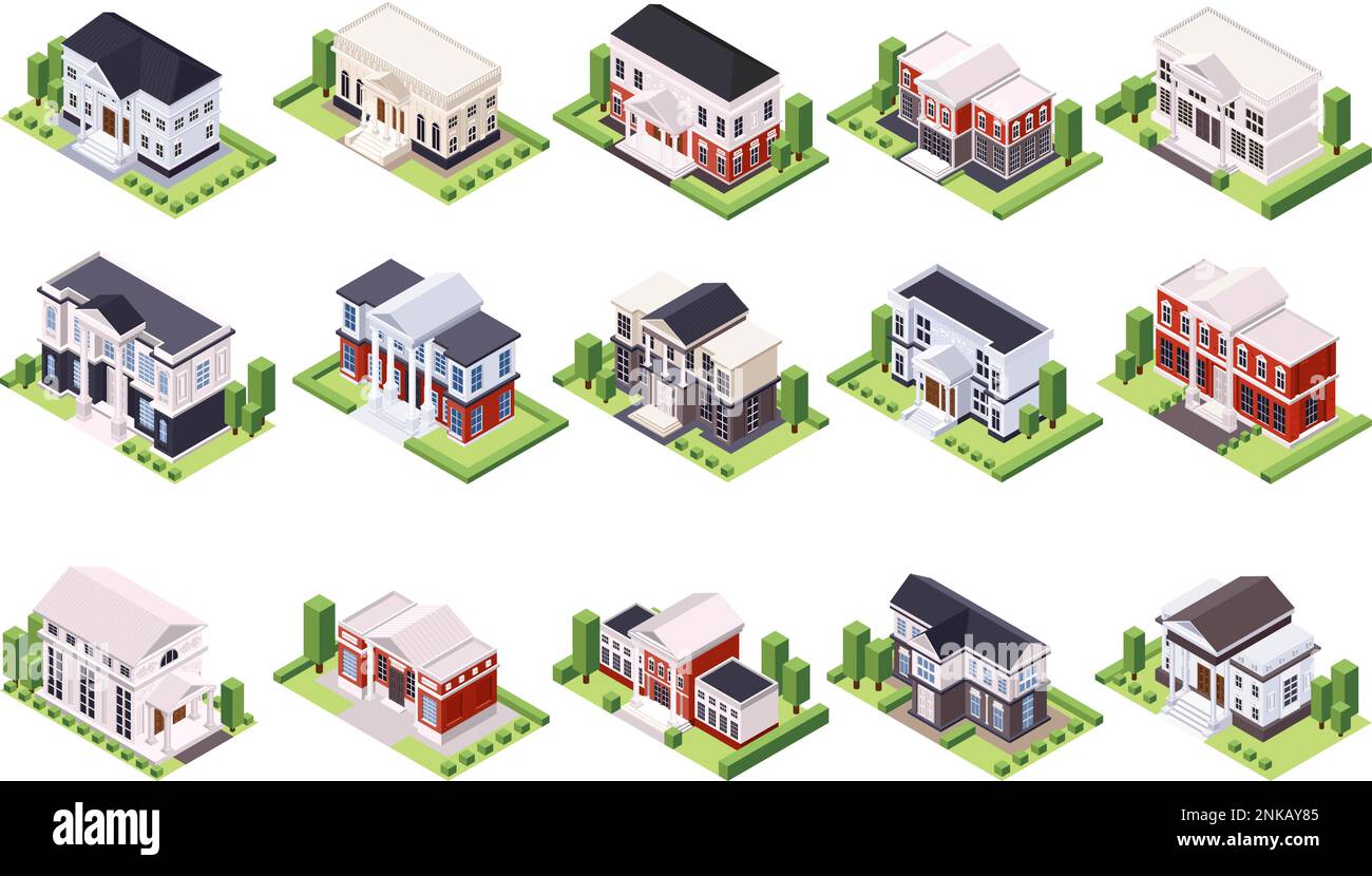 Classic architecture isometric set of isolated house images surrounded by trees plant hedge on blank background vector illustration Stock Vector