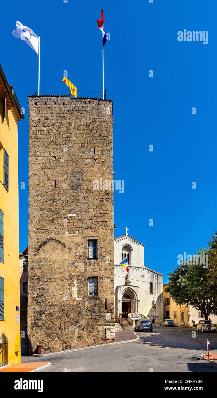 Grasse, France - August 6, 2022: Historic Town Hall with stone tower at Place du Petit Puy square in old town quarter of perfumery city of Grasse Stock Photo