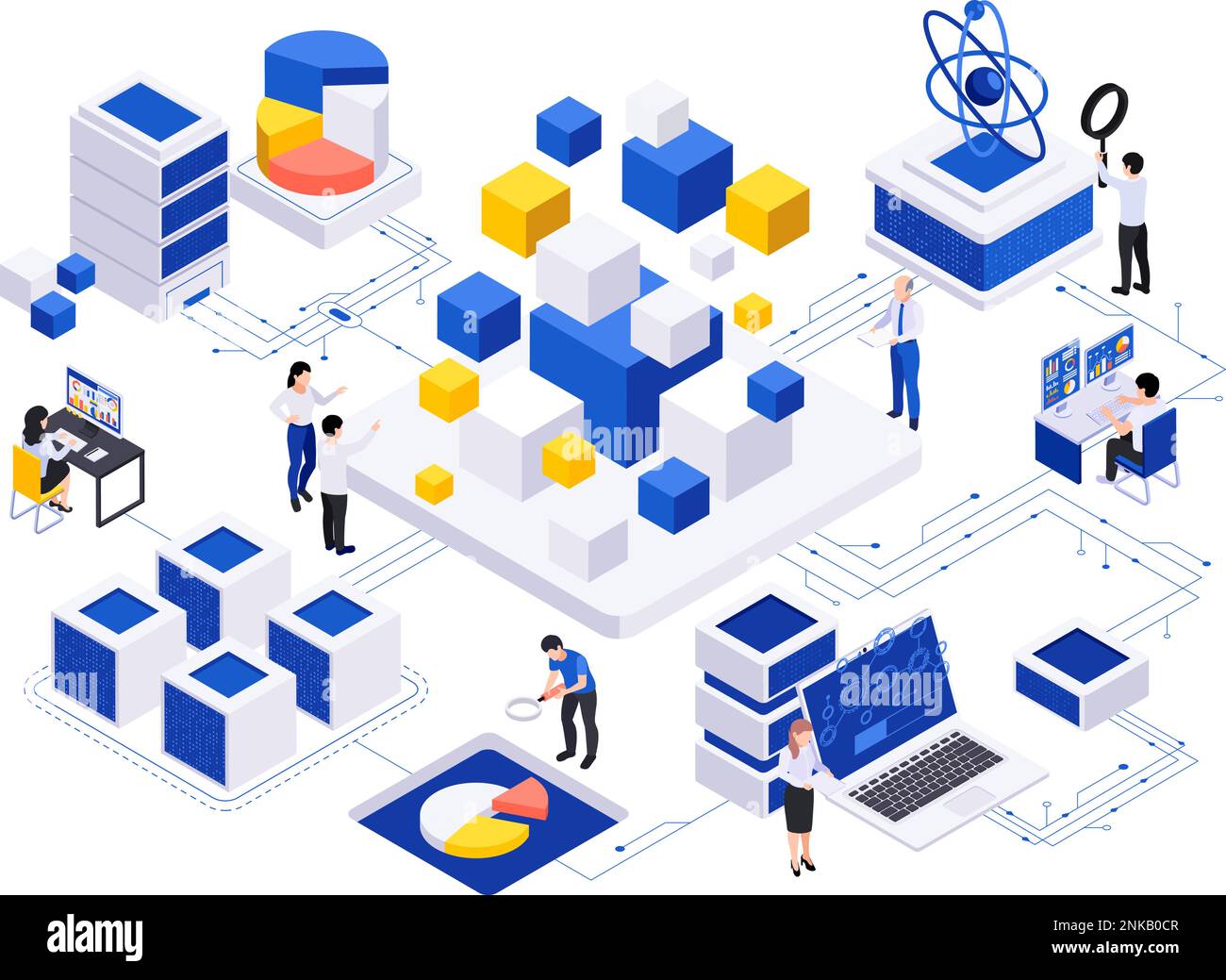 Data economy isometric composition with isolated platforms connected with wires human characters and computer infrastructure elements vector illustrat Stock Vector
