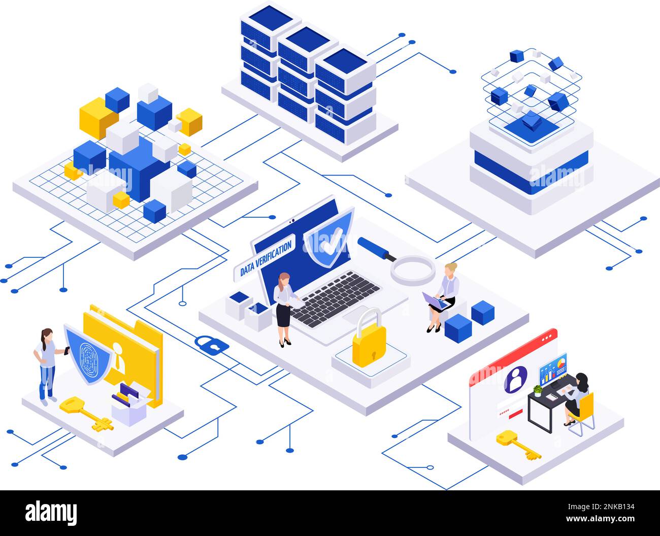 Data economy isometric composition with flowchart of connected platforms with human characters computer folders and blocks vector illustration Stock Vector