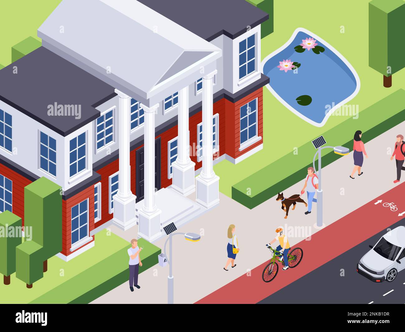 Classic architecture isometric composition with outdoor urban landscape and vintage style building with pond and people vector illustration Stock Vector