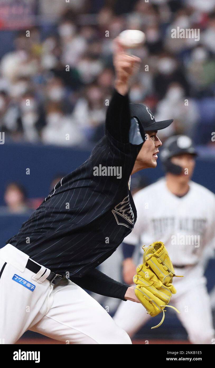 Roki Sasaki of Chiba Lotte Marines throws a ball in a Pacific League baseball game aga ini nst Orix Buffaloes in Osaka on April 24, 2022.On April 10, 2022，ｎot only did Sasaki