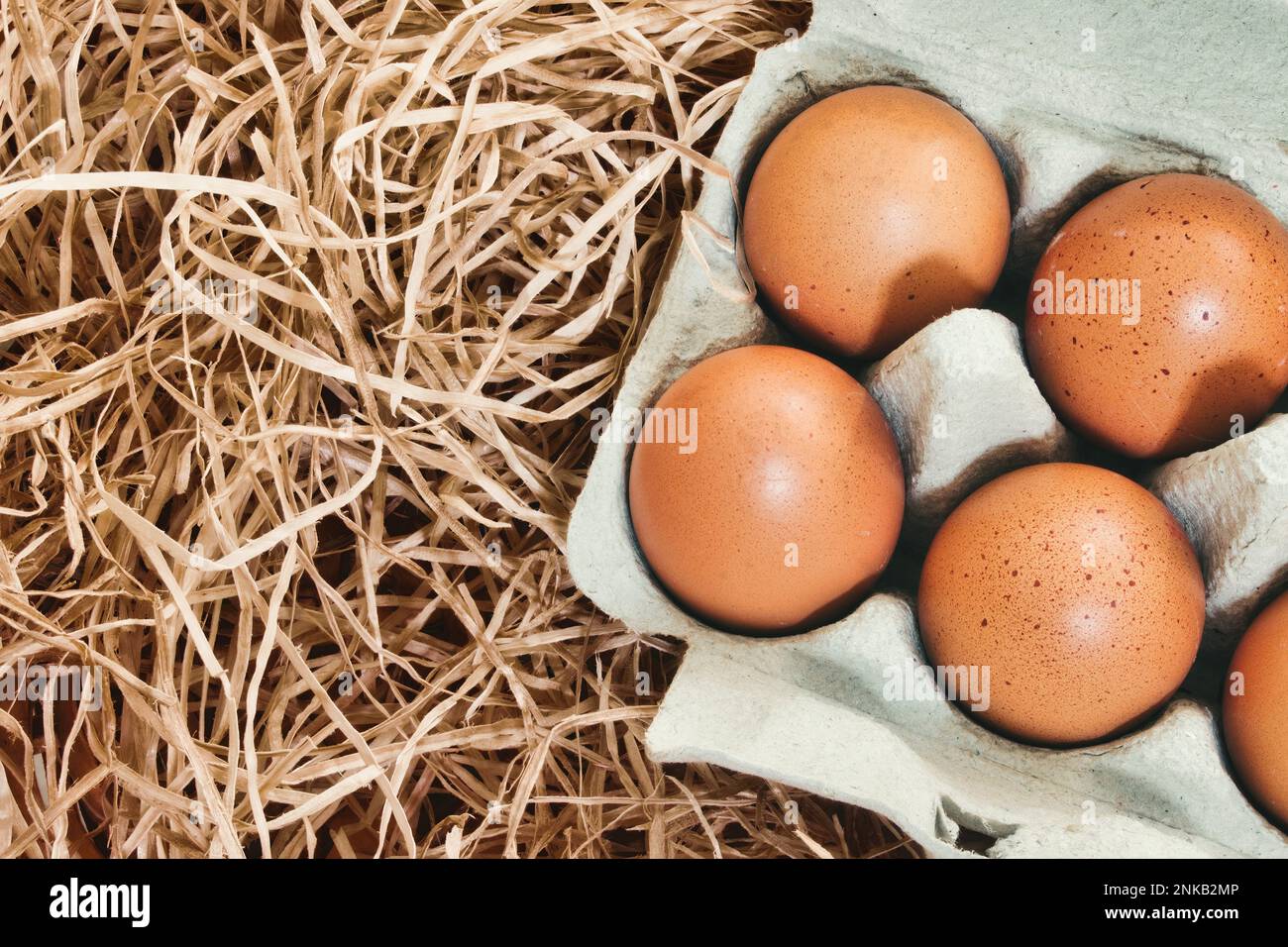 Close-up of brown chicken's eggs in a cardboard carton against straw background Stock Photo