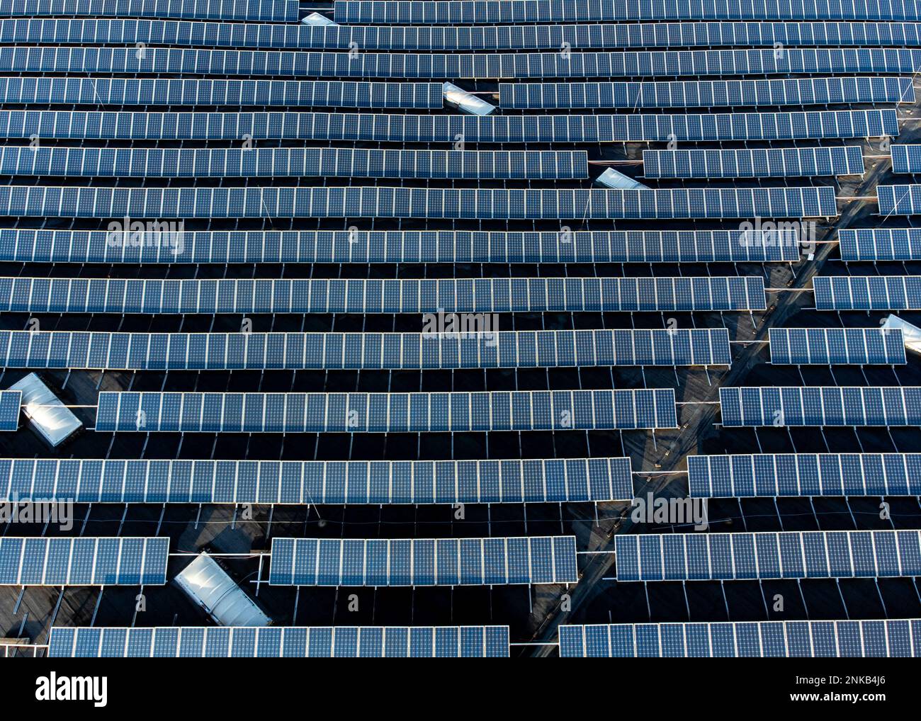 Large solar panel array stacked farm on a distribution warehouse building top down aerial view Stock Photo
