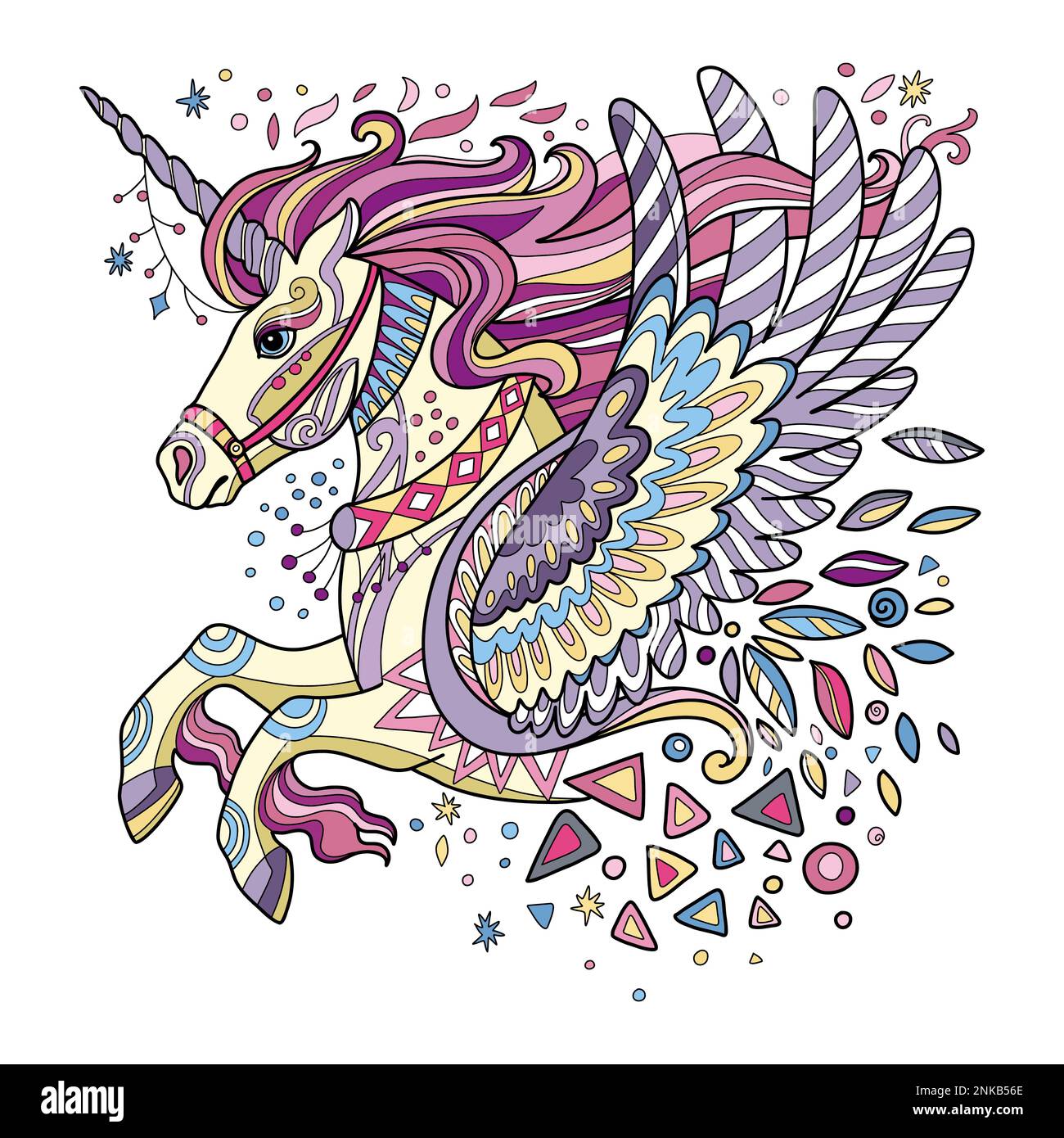 Abstract magic unicorn with wings and tangle doodle elements. Vector ...