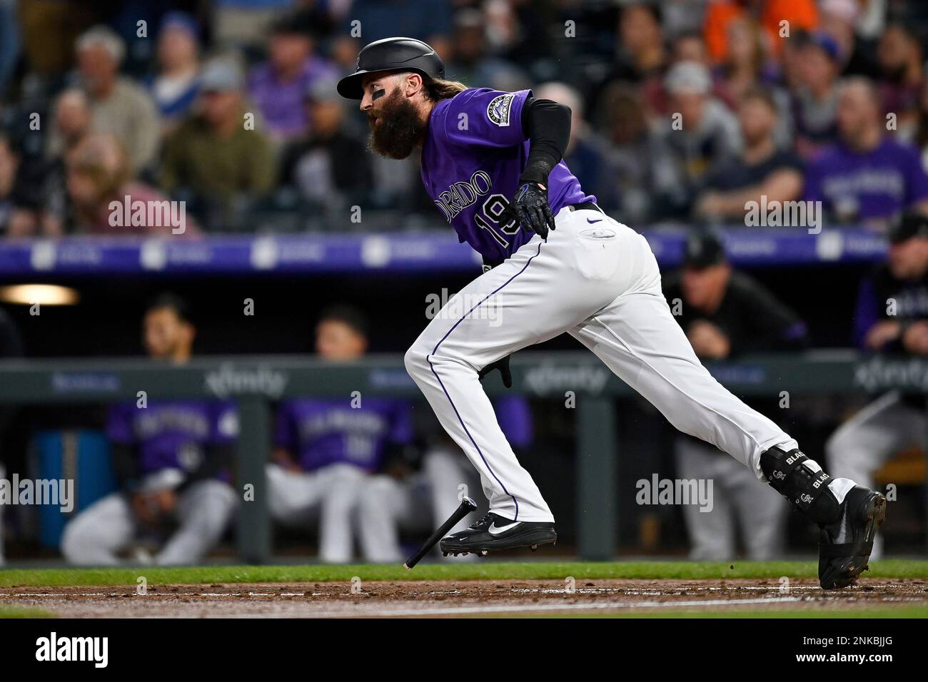 PHOENIX, AZ - MARCH 16: Rockies Charlie Blackmon bats during a spring  training game between the Colorado Rockies and the Milwaukee Brewers March  16, 2019 at American Family Fields of Phoenix in