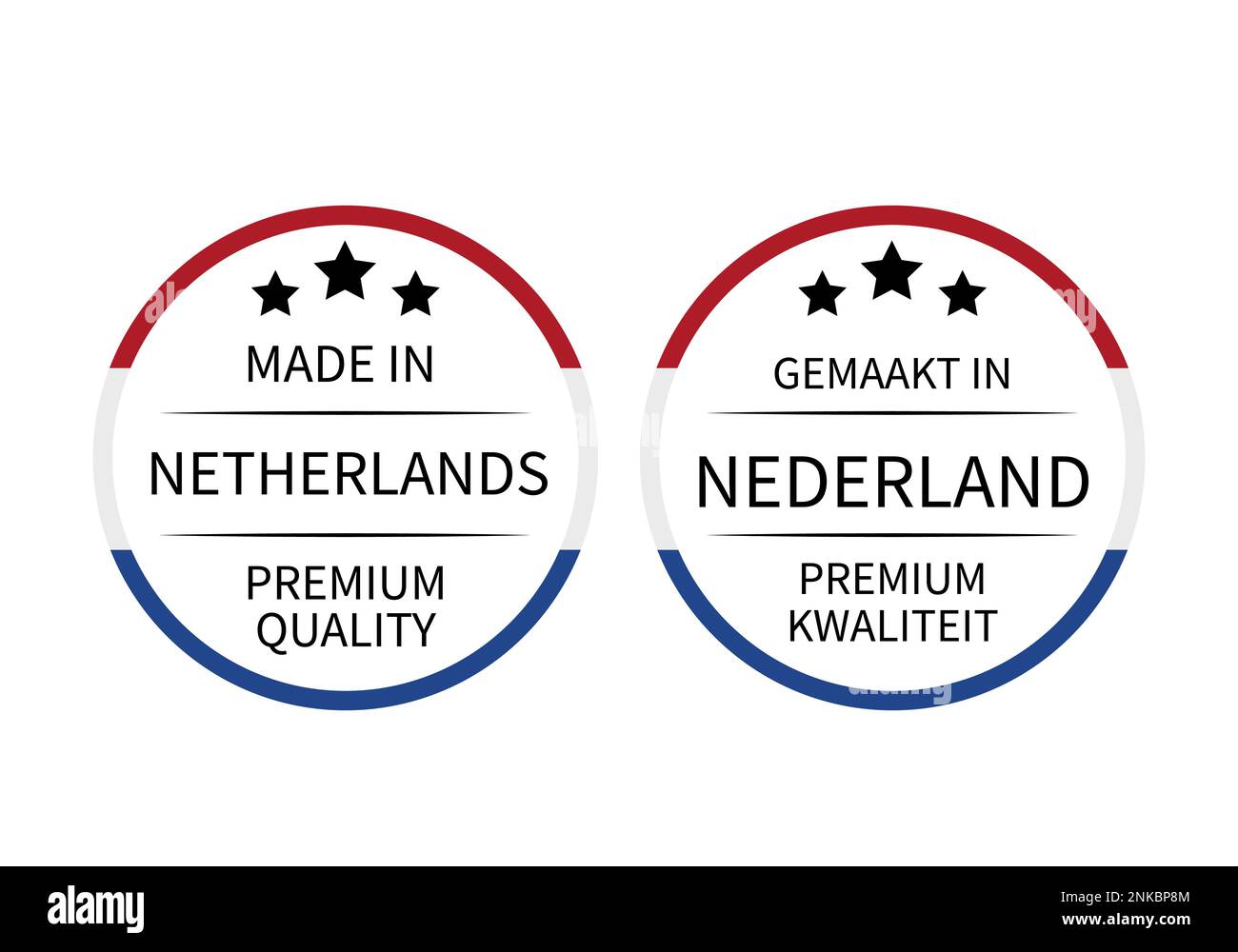 Made in Netherlands round labels in English and in Dutch languages