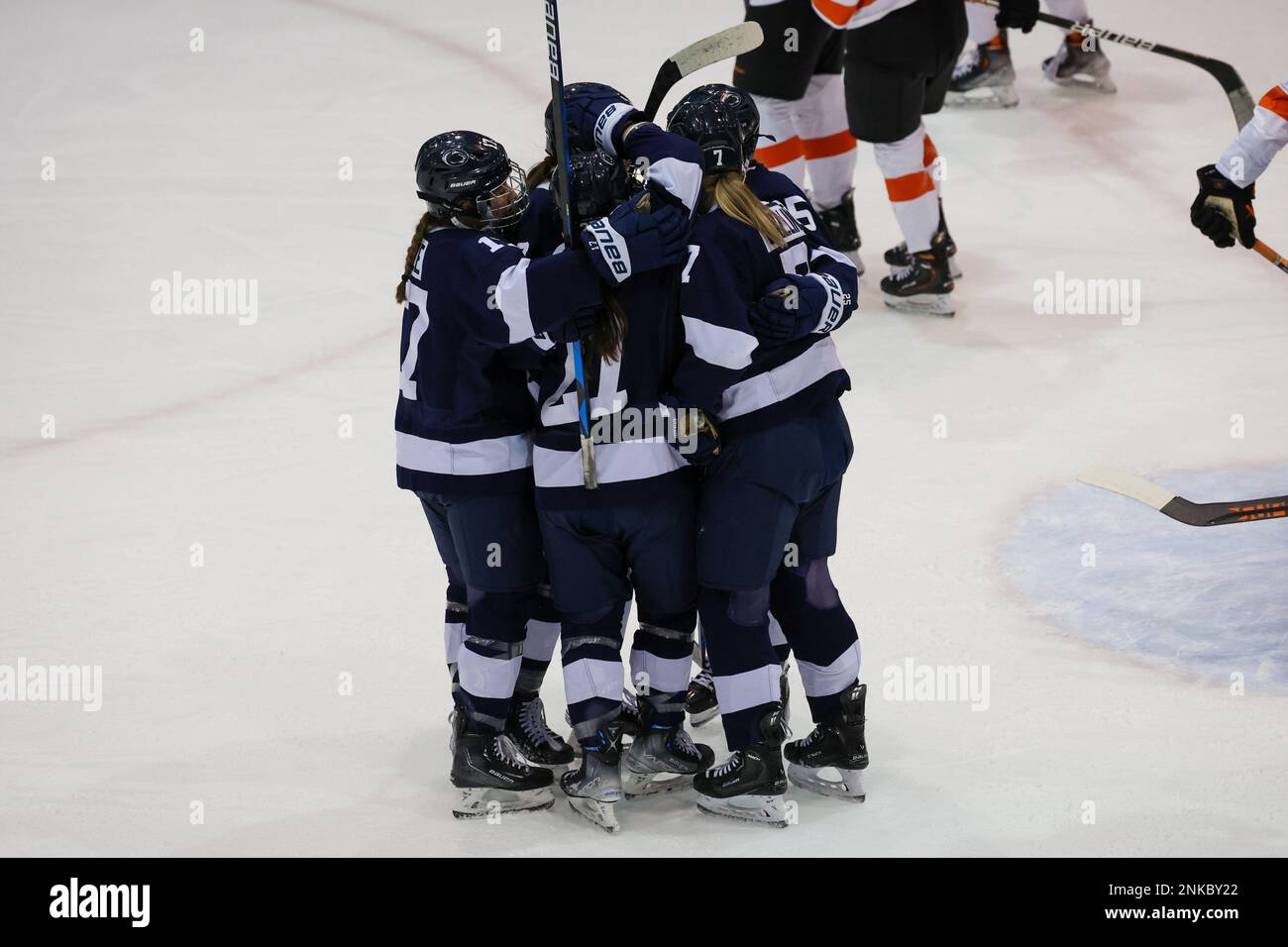 February 18, 2023: Penn State Nittany Lions players celebrate after scoring a goal in the first period against the RIT Tigers. The Rochester Institute of Technology Tigers hosted the Penn State Nittany Lions in an NCAA Woman's Hockey game at Gene Polisseni Center in Rochester, New York. (Jonathan Tenca/CSM) Stock Photo