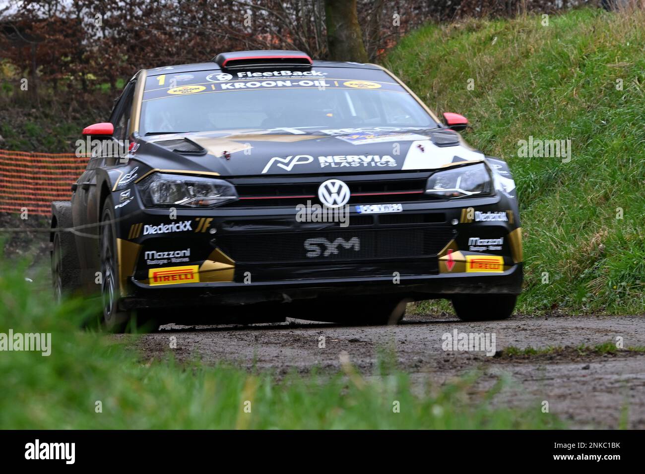 Sint-Truiden, Belgium, 23/02/2023, Belgian Gino Bux and Anthony Bourdeaud'hui in their Volkswagen Polo of team Ebrt pictured during the Shakedown test ride before this weekend's Haspengouw Rally event, Thursday 23 February 2023 in Sint-Truiden, the first stage of the Belgian Rally Championship. BELGA PHOTO LUC CLAESSEN Stock Photo