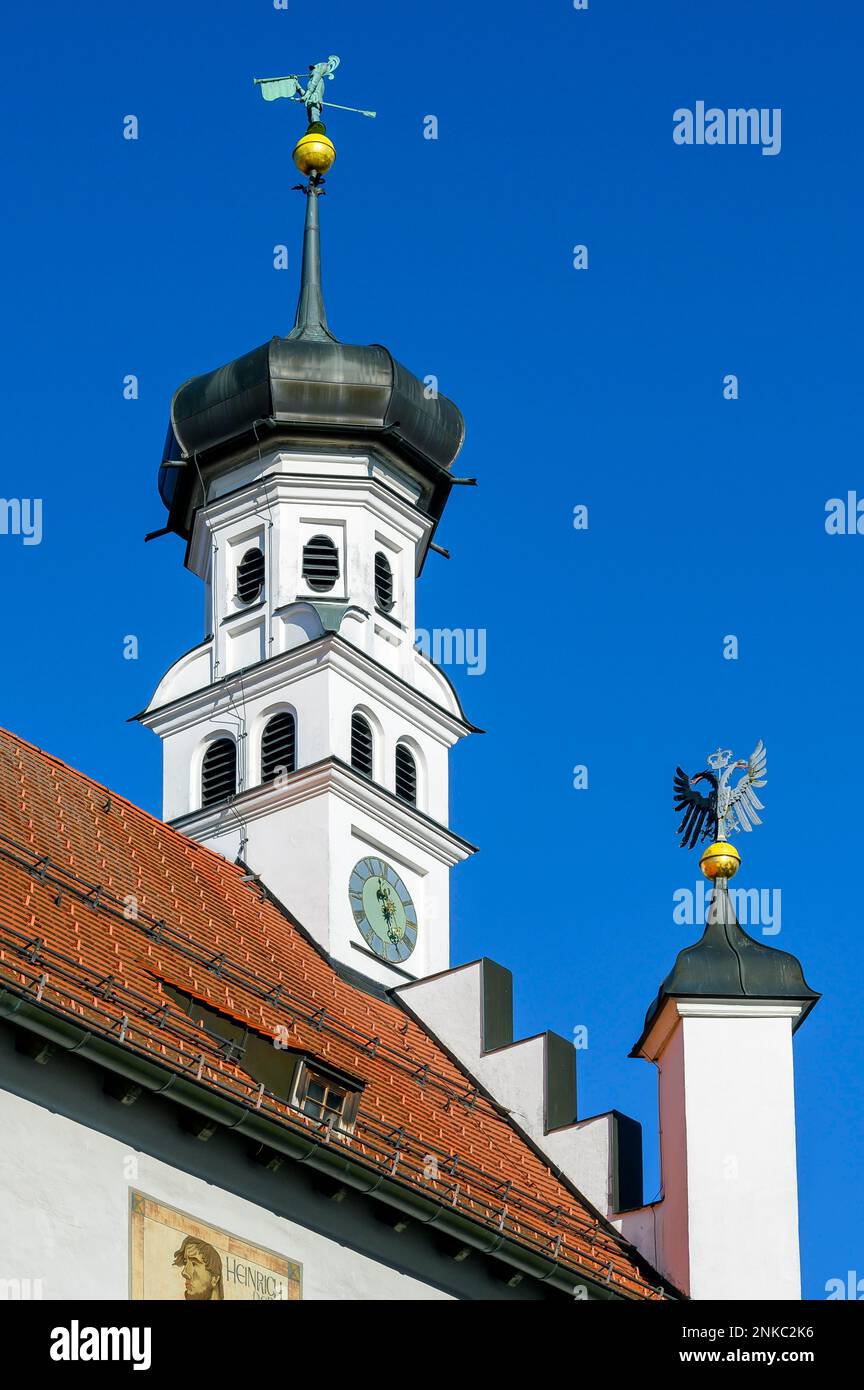 Town Hall Tower with Clock, Wind Figure and Double Eagle, Kempten, Allgaeu, Bavaria, Germany Stock Photo