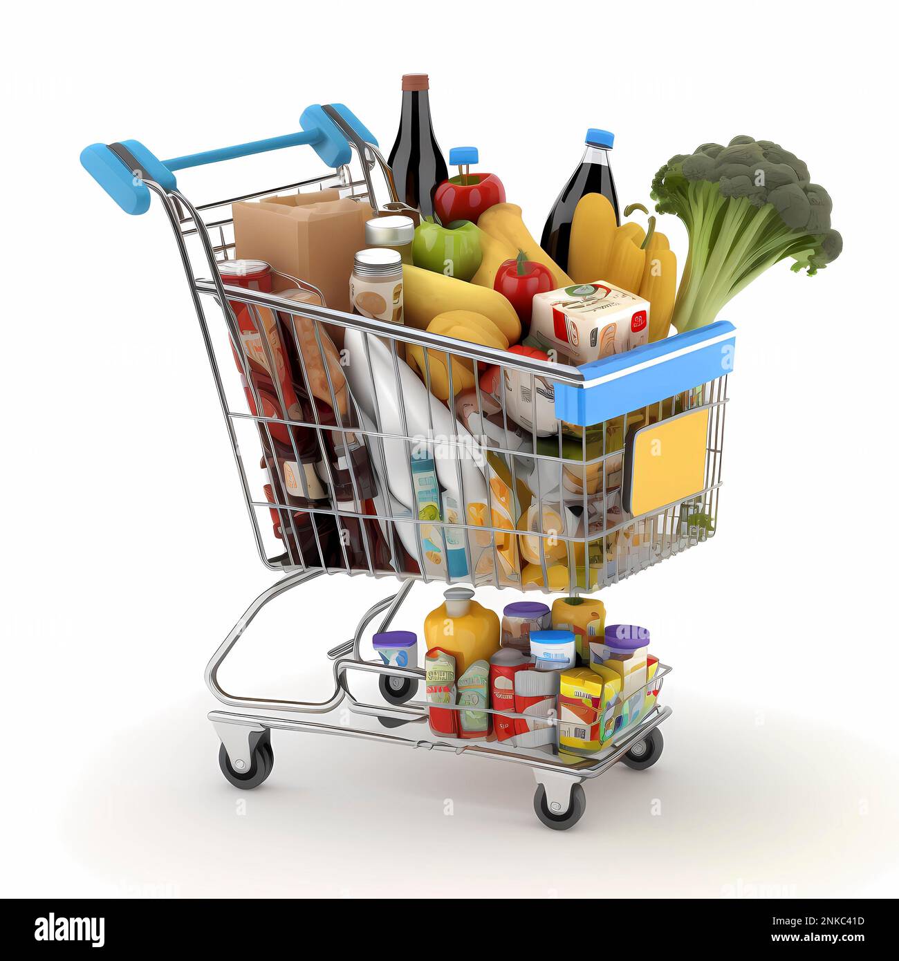 Einkaufstuete, Shopping cart for groceries from which the groceries swell against a white background Stock Photo