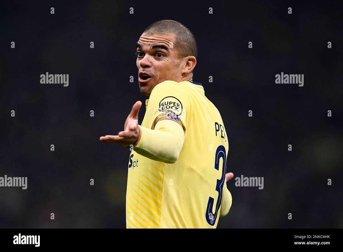 Milan, Italy. 22 February 2023. Pepe (Kepler Laveran Lima Ferreira) of FC Porto reacts during the UEFA Champions League round of 16 football match between FC Internazionale and FC Porto. Credit: Nicolò Campo/Alamy Live News Stock Photo