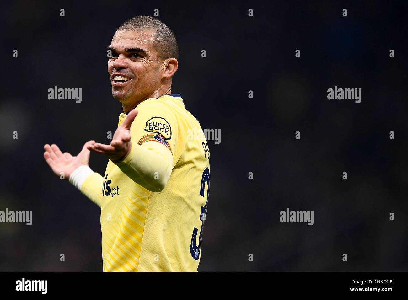 Milan, Italy. 22 February 2023. Pepe (Kepler Laveran Lima Ferreira) of FC Porto reacts during the UEFA Champions League round of 16 football match between FC Internazionale and FC Porto. Credit: Nicolò Campo/Alamy Live News Stock Photo
