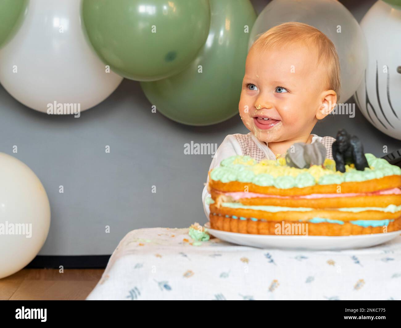 Oneyearold boy sits in front of his birthday cake on his first birthday and tries to see if it