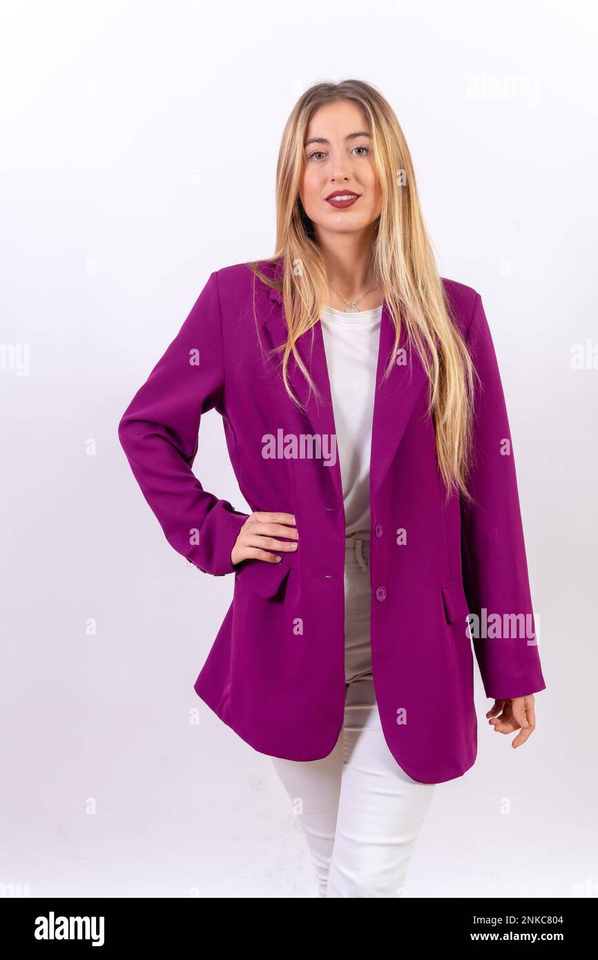 Blonde young woman in a portrait isolated on a white background, model